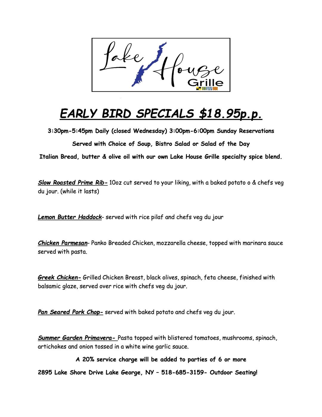 Early Bird Specials $18.95